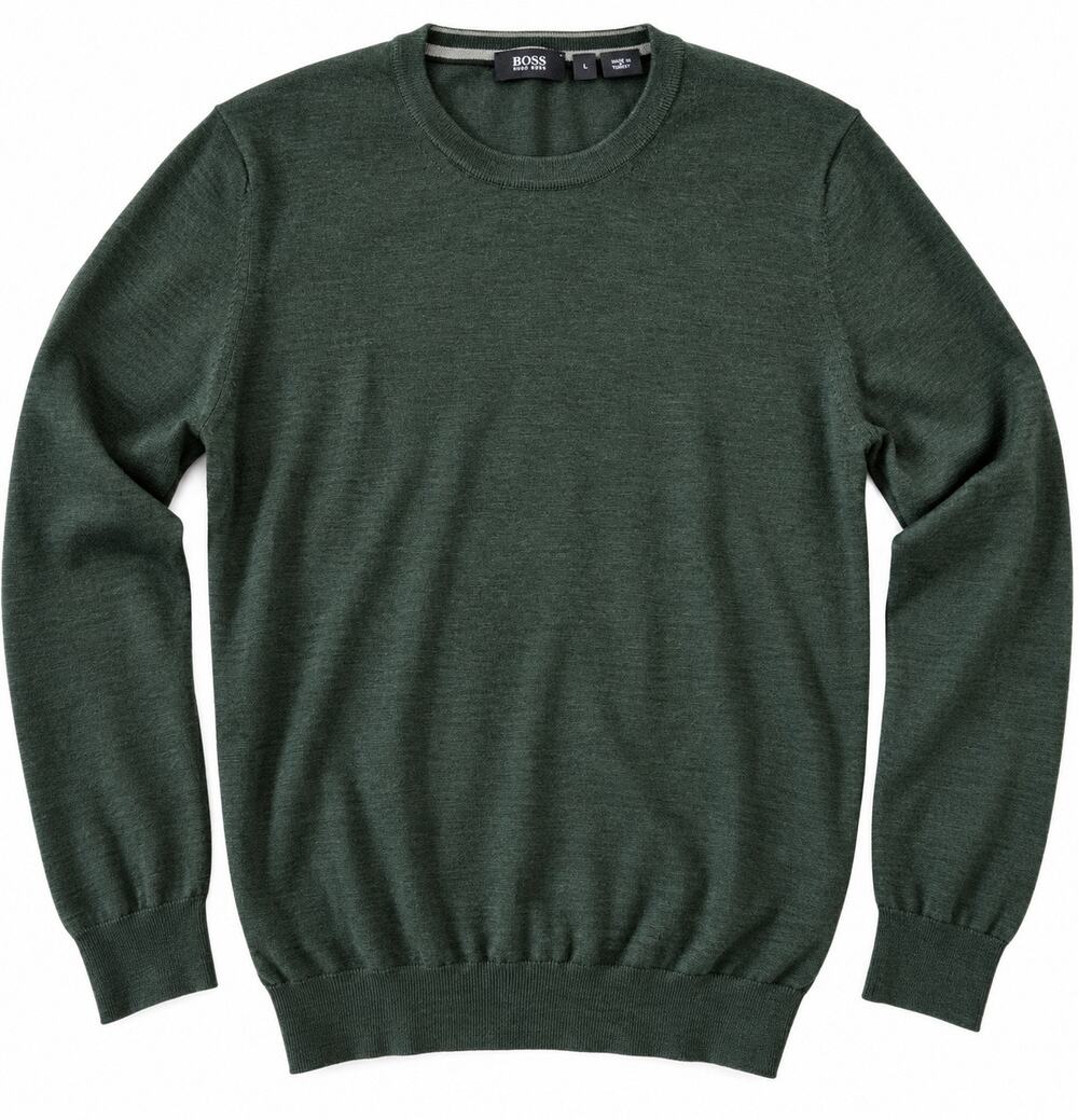 BOSS Hugo Boss Mens L Green Extrafine Merino Wool Slim Fit Crewneck Sweater